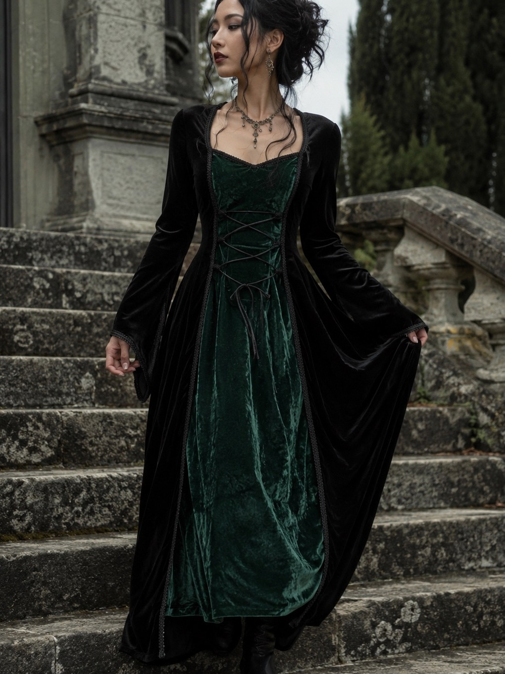 Black Velvet Dress Emerald Green Inset Medieval Renaissance Whimsigoth Witch